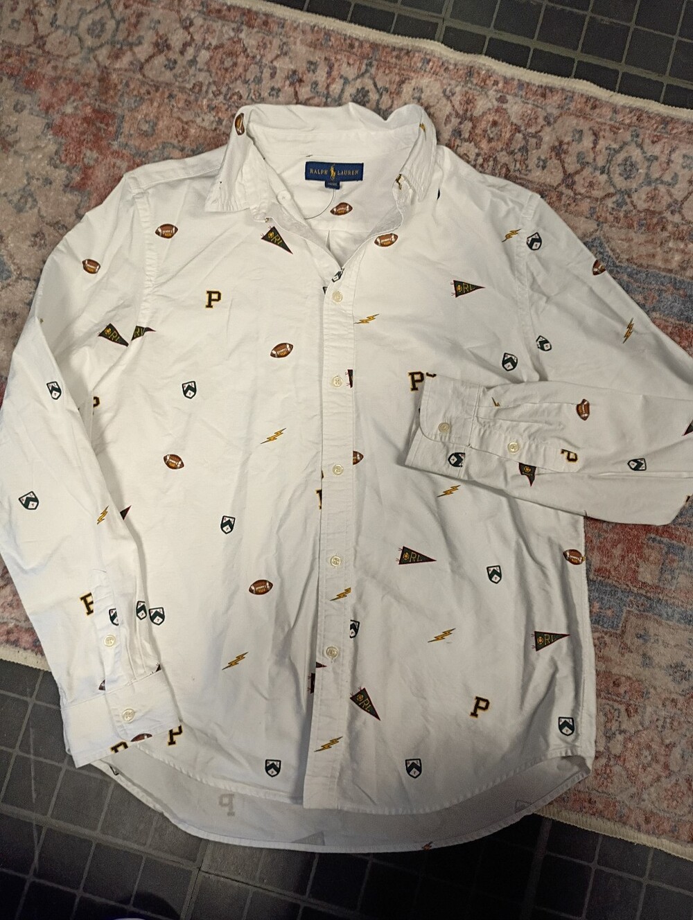 Ralph Lauren White Button-Down Shirt with Gold and Brown Collegiate Motifs